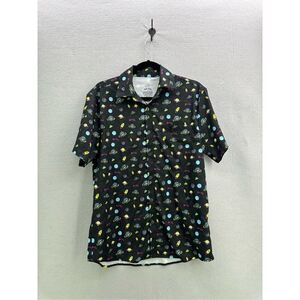 Buc-ees Mens Black Stretch Space Planets Short Sleeve Button Up Shirt Size Small
